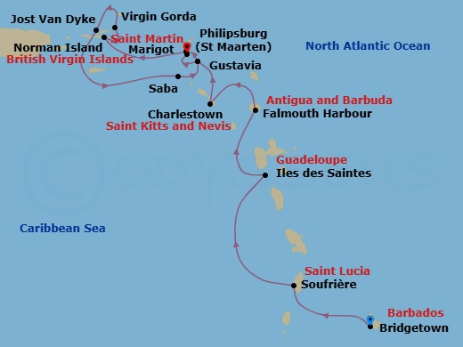 13 Night - Discover the Hidden Wonders of the Caribbean - Emerald Azzurra - Starting in Bridgetown, Barbados, Soufriere, Saint Lucia, Iles des Saintes, Guadeloupe, Falmouth Harbour, Antigua and Barbuda, Cades Bay, Saint Kitts and Nevis, Gustavia, Saint Barthelemy, Marigot, Saint Martin, Marigot, Saint Martin, Anguilla, Norman Island, British Virgin Islands, Virgin Gorda, British Virgin Islands, Jost van Dyke, British Virgin Islands, Saba, Bonaire, Saint Eustatius and Saba / Gustavia, Saint Barthelemy, Gustavia, Saint Barthelemy, Philipsburg, Sint Maarten itinerary map