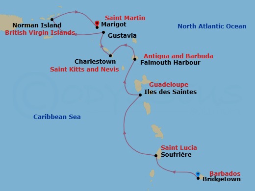 7 Night - Eastern Caribbean with St. Barths - Emerald Azzurra - Starting in Bridgetown, Barbados, Soufriere, Saint Lucia, Iles des Saintes, Guadeloupe, Falmouth Bay (English Harbour), Antigua and Barbuda, Charlestown / Cades Bay, Saint Kitts and Nevis, Gustavia, Saint Barthelemy, Norman Island, British Virgin Islands, Marigot, Saint Martin itinerary map