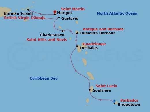 7 Night - Eastern Caribbean with St. Barths - Emerald Azzurra - Starting in Bridgetown, Barbados, Soufriere, Saint Lucia, Deshaies, Guadeloupe, Falmouth Bay (English Harbour), Antigua and Barbuda, Charlestown / Cades Bay, Saint Kitts and Nevis, Gustavia, Saint Barthelemy, Norman Island, British Virgin Islands, Marigot, Saint Martin itinerary map