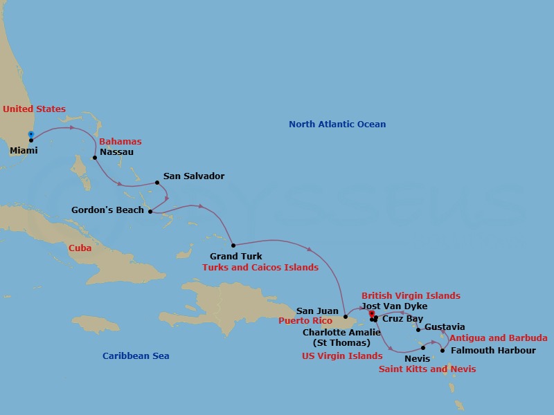 13 Night - Discover the Vibes of the Caribbean - Emerald Sakara - Starting in Miami, Florida, Nassau, Bahamas, Emerald Bay, Exumas, Bahamas, San Salvador Island, Bahamas, Gordons Beach, Long Island, Bahamas, Grand Turk, Turks and Caicos Islands, San Juan, Puerto Rico, St John VI (Cruz Bay), US Virgin Islands, Nevis, Saint Kitts and Nevis, Falmouth Harbour, Antigua and Barbuda, Gustavia, Saint Barthelemy, Jost van Dyke, British Virgin Islands, Saint Thomas, US Virgin Islands itinerary map