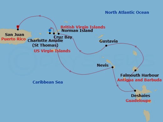 7 Night - Quintessential Caribbean with Rum Sommelier Alejandro Ferris - Emerald Sakara - Starting in Saint Thomas, US Virgin Islands, St John VI (Cruz Bay), US Virgin Islands, Nevis, Saint Kitts and Nevis, Deshaies, Guadeloupe, Falmouth Harbour, Antigua and Barbuda, Gustavia, Saint Barthelemy, Norman Island, British Virgin Islands, San Juan, Puerto Rico itinerary map