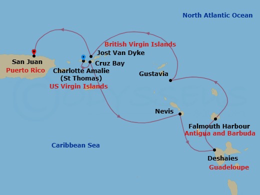 7 Night - Quintessential Caribbean - Emerald Sakara - Starting in Saint Thomas, US Virgin Islands, St John VI (Cruz Bay), US Virgin Islands, Nevis, Saint Kitts and Nevis, Deshaies, Guadeloupe, Falmouth Harbour, Antigua and Barbuda, Gustavia, Saint Barthelemy, Jost van Dyke, British Virgin Islands, San Juan, Puerto Rico itinerary map