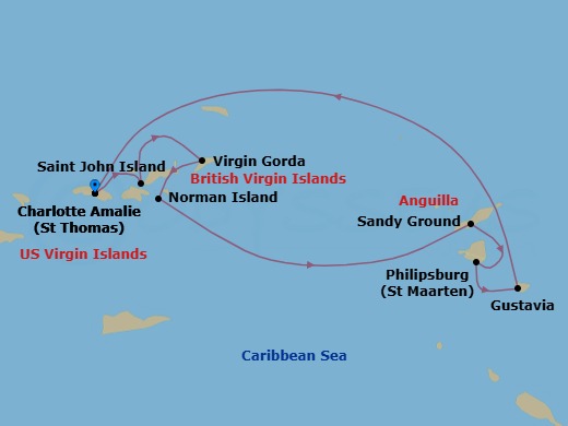 7 Night - Vibes of the Virgin Islands - Emerald Sakara - Starting in Saint Thomas, US Virgin Islands, St John VI, US Virgin Islands, Virgin Gorda, British Virgin Islands, Norman Island, British Virgin Islands, Sandy Ground, Anguilla / Philipsburg, Sint Maarten, Saint Martin, Philipsburg, Sint Maarten (Saint Martin) Gustavia, Saint Barthelemy, Gustavia, Saint Barthelemy, Saint Thomas, US Virgin Islands itinerary map