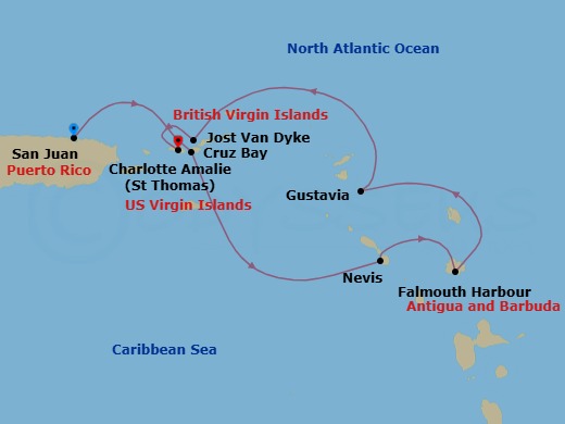 6 Night - Splendours of the Caribbean - Emerald Sakara - Starting in San Juan, Puerto Rico, St John VI (Cruz Bay), US Virgin Islands, Nevis, Saint Kitts and Nevis, Falmouth Harbour, Antigua and Barbuda, Gustavia, Saint Barthelemy, Jost van Dyke, British Virgin Islands, Saint Thomas, US Virgin Islands itinerary map