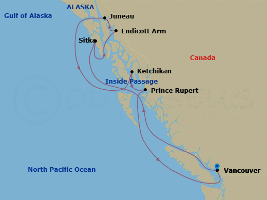 5 Night - Alaska Inside Passage Cruise - Serenade of the Seas - Starting in Vancouver, British Columbia, Inside Passage (Cruising), Sitka, Alaska, Endicott Arm and Dawes Glacier, Juneau, Alaska, Ketchikan, Alaska, Prince Rupert, BC itinerary map