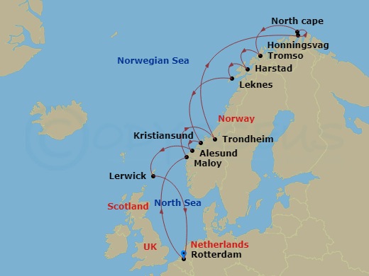 14 Night - Arctic Crossing & North Cape - Rotterdam - Starting in Rotterdam, the Netherlands, Maloy, Norway, Trondheim, Norway, Scenic Cruising Trondheimsfjord, Honningsvag, Norway, Scenic Cruising North Cape, Tromso, Norway, Harstad, Norway, Leknes (Lofoten), Norway, Kristiansund, Norway, Alesund, Norway, Lerwick, Shetland Islands, United Kingdom, Rotterdam, the Netherlands itinerary map