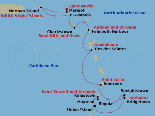 14 Night - Discover Eastern Caribbean & Grenadines - Emerald Azzurra - Starting in Bridgetown, Barbados, Speightstown, Barbados, Bequia Island, Saint Vincent and the Grenadines, Kingstown, Saint Vincent and the Grenadines, Mayreau Island / Union Island, Saint Vincent and the Grenadines, Union Island, Saint Vincent and the Grenadines, Union Island / Tobago Cays, Saint Vincent and the Grenadines, Bridgetown, Barbados, Soufriere, Saint Lucia, Iles des Saintes, Guadeloupe, Falmouth Bay (English Harbour), Antigua and Barbuda, Charlestown / Cades Bay, Saint Kitts and Nevis, Gustavia, Saint Barthelemy, Norman Island, British Virgin Islands, Marigot, Saint Martin itinerary map
