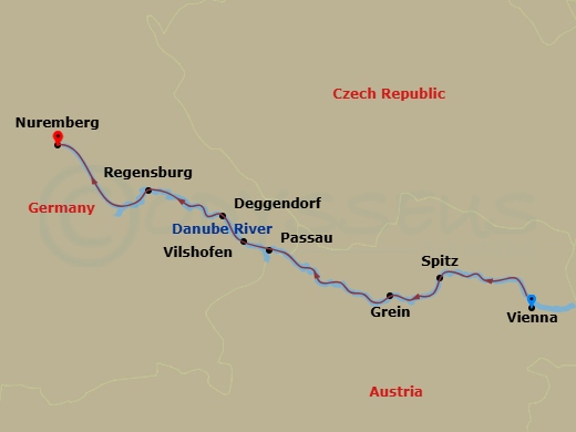 9 Night - Vineyards & Palaces Along the Danube with Prague - S.S. Helen Tours - Starting in Vienna, Spitz, Grein, Engelhartszell, Passau, Vilshofen, Deggendorf, Regensburg, Nuremberg, Nuremberg, Transfer to Prague, Prague, Depart Prague itinerary map