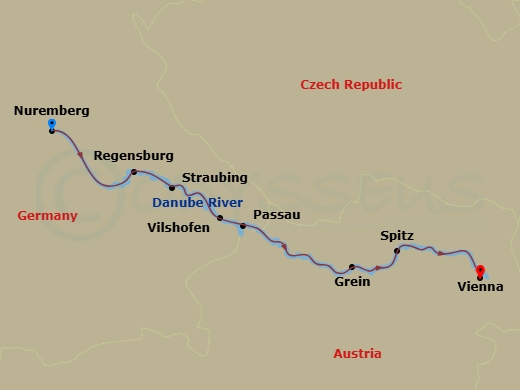 9 Night - Vineyards & Palaces Along the Danube with Prague - S.S. Helen Tours - Starting in Arrive in Prague, Transfer to Hotel, Prague, Prague, Transfer to Nuremberg, Nuremberg, Regensburg, Straubing, Vilshofen, Vilshofen, Passau, Engelhartszell, Grein, Spitz, Vienna itinerary map