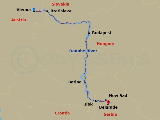 9 Night - Vienna & Capital Cities of the Danube - S.S. Helen Tours - Starting in Arrive in Vienna, Transfer to Hotel, Vienna, Bratislava, Budapest, Batina, Ilok, Novi Sad, Belgrade itinerary map
