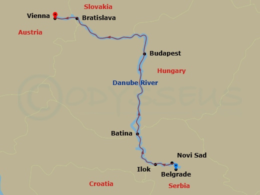 9 Night - Vienna & Capital Cities of the Danube - S.S. Helen Tours - Starting in Belgrade, Novi Sad, Batina, Ilok, Budapest, Bratislava, Vienna, Vienna, Transfer to Hotel, Vienna, Depart Vienna itinerary map