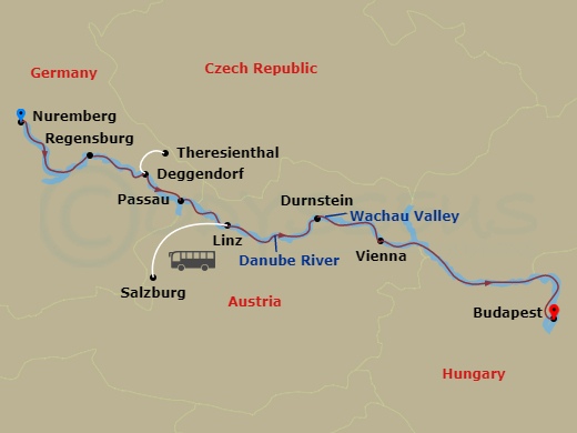 12 Night - Grand Christmas & New Year's - S.S. Helen - Starting in Nuremberg, Cruising the Main-Danube Canal, Regensburg, Regensburg, Cruising the Danube River, Deggendorf (Theresienthal), Cruising the Danube River, Passau, Linz (Salzburg), Cruising the Wachau Valley, Durnstein, Vienna, Vienna, Cruising the Danube River, Budapest itinerary map