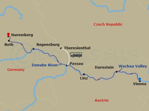 7 Night - European Holiday Markets - S.S. Helen - Starting in Vienna, Durnstein, Cruising the Wachau Valley, Linz, Cruising the Danube River, Passau (Theresienthal), Regensburg, Roth, Nuremberg, Nuremberg itinerary map
