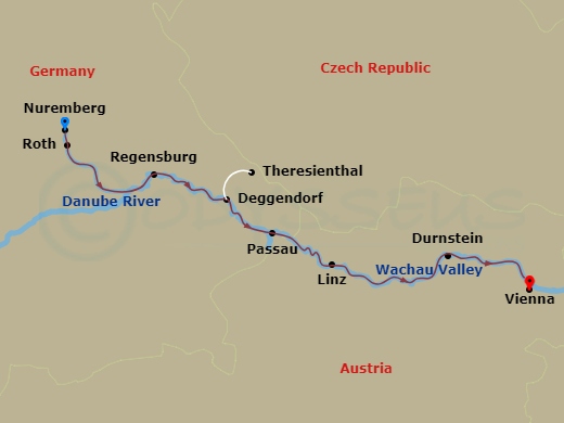 7 Night - European Holiday Markets - S.S. Helen - Starting in Nuremberg, Nuremberg, Roth, Regensburg, Deggendorf (Theresienthal), Passau, Cruising the Danube River, Linz, Cruising the Wachau Valley, Durnstein, Vienna, Vienna itinerary map