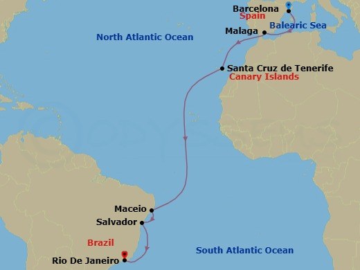 16 Night - Msc Grand Voyages - MSC Virtuosa - Starting in Barcelona, Spain, Malaga (Granada), Spain, Santa Cruz de Tenerife, Maceio, Brazil, Salvador, Brazil, Rio De Janeiro, Brazil itinerary map