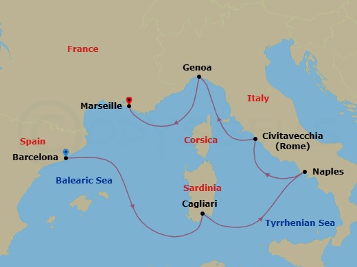 6 Night - Europe from Barcelona to Marseille - Costa Toscana - Starting in Barcelona, Spain, Balearic sea darkest spot, Cagliari, Italy, Naples, Italy, Civitavecchia / Rome, Genoa / Portofino, Marseilles, France itinerary map