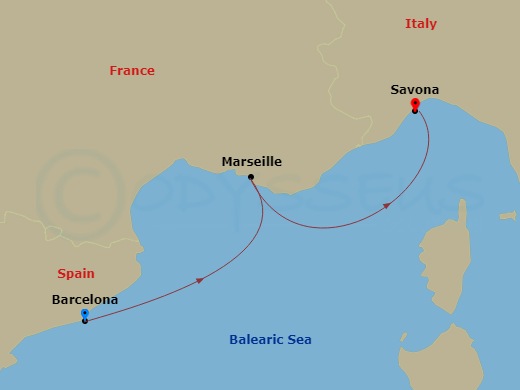 2 Night - Europe from Barcelona to Savona - Costa Diadema - Starting in Barcelona, Spain, Marseille, France, Savona, Italy itinerary map