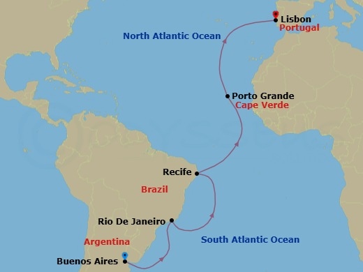 16 Night - Pre Buenos Aires Tango & City Escape Cruisetour - Norwegian Star Tours - Starting in At Hotel, Buenos Aires, Argentina, Rio De Janeiro, Brazil, Recife, Brazil, Porto Grande, Cape Verde, Lisbon, Portugal itinerary map