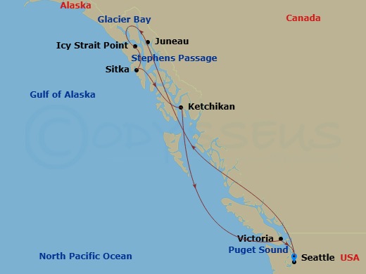 7 Night - Alaska Explorer - Westerdam - Starting in Seattle, Washington, Puget Sound, Scenic cruising Stephens Passage, Juneau, Alaska, Glacier Bay, Icy Strait Point, Alaska, Sitka, Alaska, Ketchikan, Alaska, Victoria CA, Canada, Seattle, Washington itinerary map