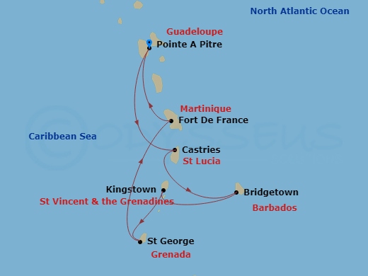 7 Night - South Caribbean - MSC World Asia - Starting in Pointe-A-Pitre, Guadeloupe, Castries, Saint Lucia, Bridgetown, Barbados, Kingstown, St Vincent and the Grenadines, Saint George, Grenada, Fort-de-France, Martinique, Pointe-A-Pitre, Guadeloupe itinerary map