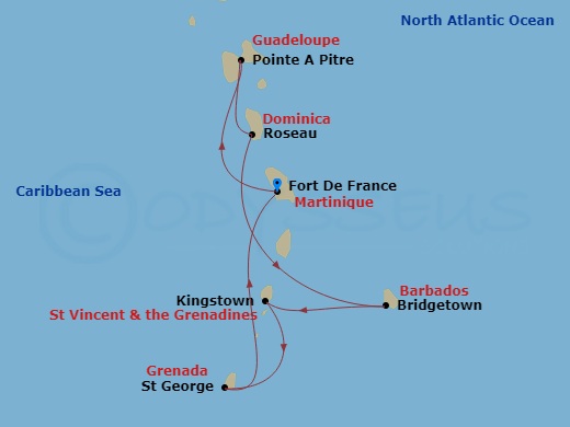 7 Night - South Caribbean - MSC World Asia - Starting in Fort-de-France, Martinique, Pointe-A-Pitre, Guadeloupe, Roseau, Dominica, Bridgetown, Barbados, Kingstown, St Vincent and the Grenadines, Saint George, Grenada, Fort-de-France, Martinique itinerary map
