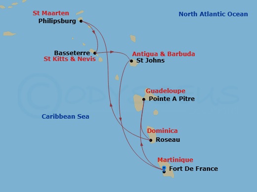 7 Night - South Caribbean - MSC World Asia - Starting in Fort-de-France, Martinique, Pointe-A-Pitre, Guadeloupe, Roseau, Dominica, Philipsburg, St Maarten, Basseterre, St Kitts and Nevis, St Johns AG, Antigua, Fort-de-France, Martinique itinerary map