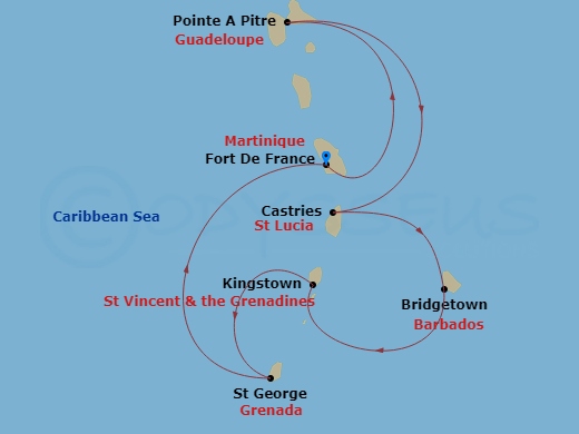 7 Night - South Caribbean - MSC World Asia - Starting in Fort-de-France, Martinique, Pointe-A-Pitre, Guadeloupe, Castries, Saint Lucia, Bridgetown, Barbados, Kingstown, St Vincent and the Grenadines, Saint George, Grenada, Fort-de-France, Martinique itinerary map