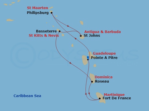 7 Night - South Caribbean - MSC World Asia - Starting in Pointe-A-Pitre, Guadeloupe, Philipsburg, St Maarten, St Johns AG, Antigua, Basseterre, St Kitts and Nevis, Roseau, Dominica, Fort-de-France, Martinique, Pointe-A-Pitre, Guadeloupe itinerary map