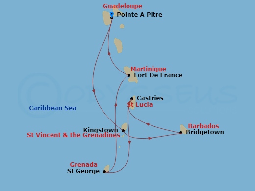 7 Night - South Caribbean - MSC World Asia - Starting in Pointe-A-Pitre, Guadeloupe, Kingstown, St Vincent and the Grenadines, Bridgetown, Barbados, Castries, Saint Lucia, Saint George, Grenada, Fort-de-France, Martinique, Pointe-A-Pitre, Guadeloupe itinerary map