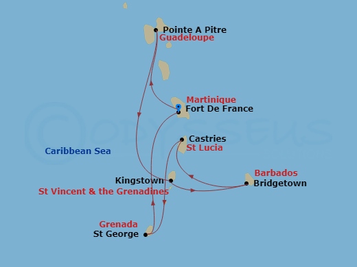 7 Night - South Caribbean - MSC World Asia - Starting in Fort-de-France, Martinique, Pointe-A-Pitre, Guadeloupe, Kingstown, St Vincent and the Grenadines, Bridgetown, Barbados, Castries, Saint Lucia, Saint George, Grenada, Fort-de-France, Martinique itinerary map