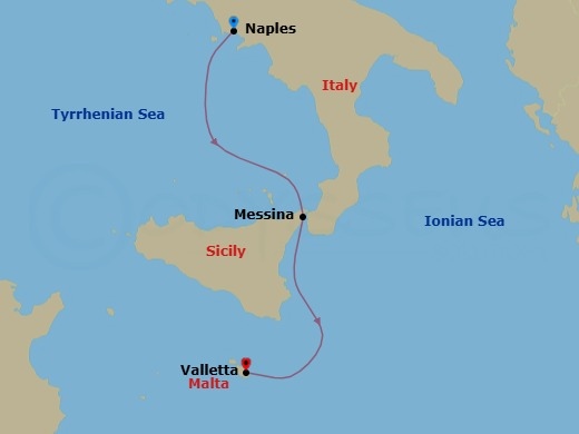 2 Night - Mediterranean - MSC World Europa - Starting in Naples (Pompeii), Italy, Messina (Taormina), Italy, La Valletta, Malta itinerary map