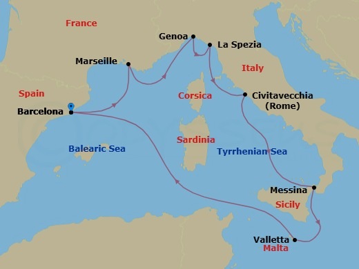 8 Night - Mediterranean - MSC World Europa - Starting in Barcelona, Spain, Marseille (Provence), France, Genoa (Portofino), Italy, La Spezia (Cinque Terre), Italy, Civitavecchia (Rome), Italy, Messina (Taormina), Italy, La Valletta, Malta, Barcelona, Spain itinerary map