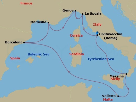 8 Night - Mediterranean - MSC World Europa - Starting in Civitavecchia (Rome), Italy, Messina (Taormina), Italy, La Valletta, Malta, Barcelona, Spain, Marseille (Provence), France, Genoa (Portofino), Italy, La Spezia (Cinque Terre), Italy, Civitavecchia (Rome), Italy itinerary map