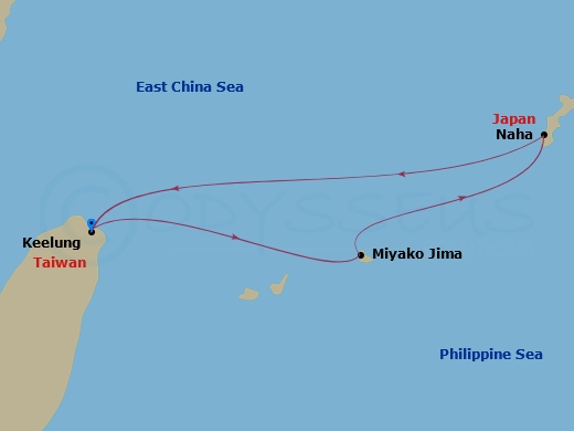4 Night - Far East - MSC Bellissima - Starting in Keelung (Taipei) Taiwan, China, Miyako Island, Japan, Naha (Okinawa), Japan, Keelung (Taipei) Taiwan, China itinerary map