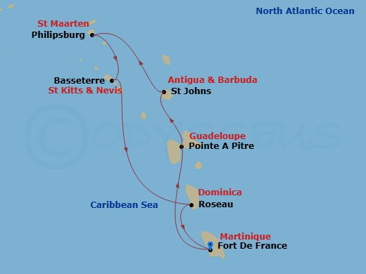 7 Night - South Caribbean - MSC World Asia - Starting in Fort-de-France, Martinique, Pointe-A-Pitre, Guadeloupe, St Johns AG, Antigua, Philipsburg, St Maarten, Basseterre, St Kitts and Nevis, Roseau, Dominica, Fort-de-France, Martinique itinerary map