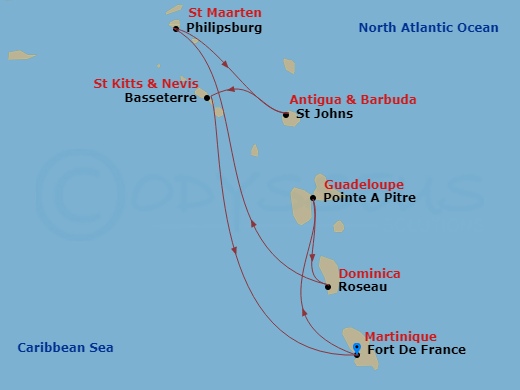 7 Night - South Caribbean - MSC World Asia - Starting in Fort-de-France, Martinique, Pointe-A-Pitre, Guadeloupe, Roseau, Dominica, Philipsburg, St Maarten, St Johns AG, Antigua, Basseterre, St Kitts and Nevis, Fort-de-France, Martinique itinerary map