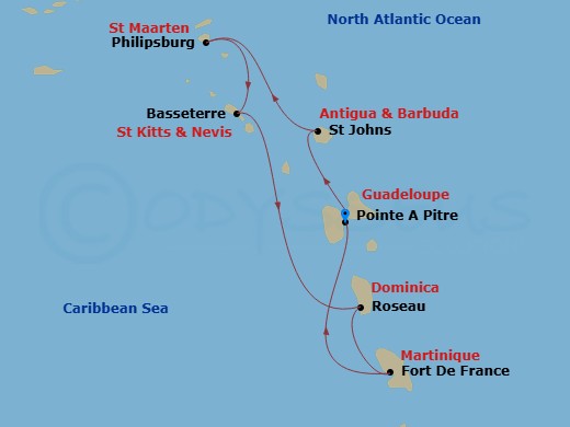 7 Night - South Caribbean - MSC World Asia - Starting in Pointe-A-Pitre, Guadeloupe, St Johns AG, Antigua, Philipsburg, St Maarten, Basseterre, St Kitts and Nevis, Roseau, Dominica, Fort-de-France, Martinique, Pointe-A-Pitre, Guadeloupe itinerary map
