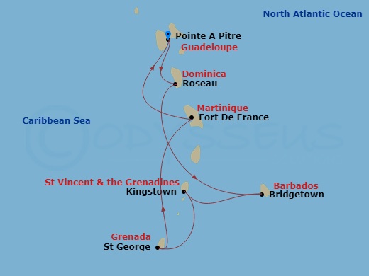 7 Night - South Caribbean - MSC World Asia - Starting in Pointe-A-Pitre, Guadeloupe, Roseau, Dominica, Bridgetown, Barbados, Kingstown, St Vincent and the Grenadines, Saint George, Grenada, Fort-de-France, Martinique, Pointe-A-Pitre, Guadeloupe itinerary map