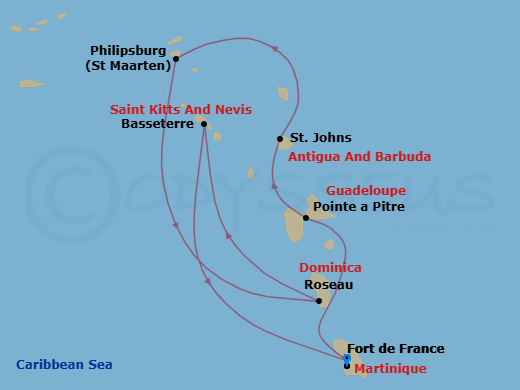7 Night - South Caribbean - MSC World Asia - Starting in Fort-de-France, Martinique, Pointe-A-Pitre, Guadeloupe, St Johns AG, Antigua, Philipsburg, St Maarten, Roseau, Dominica, Basseterre, St Kitts and Nevis, Fort-de-France, Martinique itinerary map
