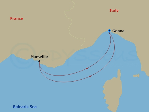 4 Night - Mediterranean - MSC World Europa - Starting in Genoa (Portofino), Italy, Barcelona, Spain, Marseille (Provence), France, Genoa (Portofino), Italy itinerary map