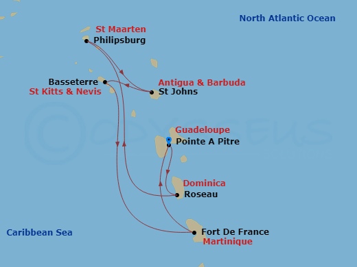 7 Night - South Caribbean - MSC World Asia - Starting in Pointe-A-Pitre, Guadeloupe, Roseau, Dominica, Philipsburg, St Maarten, St Johns AG, Antigua, Basseterre, St Kitts and Nevis, Fort-de-France, Martinique, Pointe-A-Pitre, Guadeloupe itinerary map