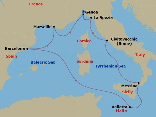 8 Night - Mediterranean - MSC World Europa - Starting in Genoa (Portofino), Italy, La Spezia (Cinque Terre), Italy, Civitavecchia (Rome), Italy, Messina (Taormina), Italy, La Valletta, Malta, Barcelona, Spain, Marseille (Provence), France, Genoa (Portofino), Italy itinerary map