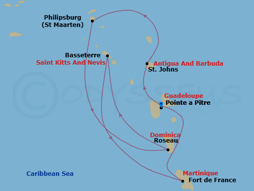 7 Night - South Caribbean - MSC World Asia - Starting in Pointe-A-Pitre, Guadeloupe, St Johns AG, Antigua, Philipsburg, St Maarten, Roseau, Dominica, Basseterre, St Kitts and Nevis, Fort-de-France, Martinique, Pointe-A-Pitre, Guadeloupe itinerary map
