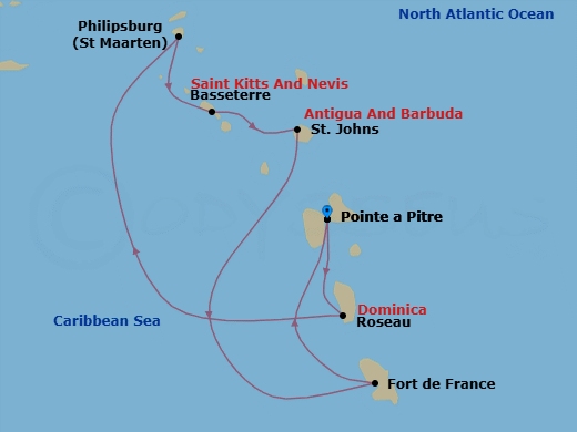 7 Night - South Caribbean - MSC World Asia - Starting in Pointe-A-Pitre, Guadeloupe, Roseau, Dominica, Philipsburg, St Maarten, Basseterre, St Kitts and Nevis, St Johns AG, Antigua, Fort-de-France, Martinique, Pointe-A-Pitre, Guadeloupe itinerary map