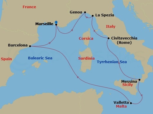 8 Night - Mediterranean - MSC World Europa - Starting in Marseille (Provence), France, Genoa (Portofino), Italy, La Spezia (Cinque Terre), Italy, Civitavecchia (Rome), Italy, Messina (Taormina), Italy, La Valletta, Malta, Barcelona, Spain, Marseille (Provence), France itinerary map