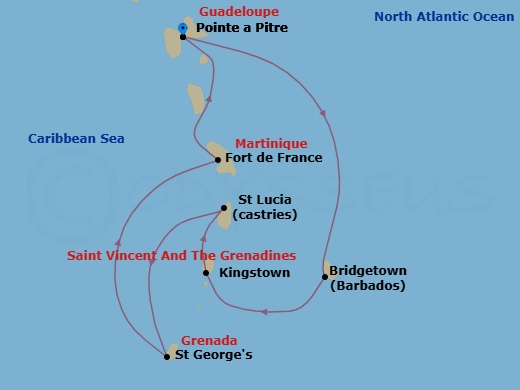 7 Night - South Caribbean - MSC World Asia - Starting in Pointe-A-Pitre, Guadeloupe, Bridgetown, Barbados, Kingstown, St Vincent and the Grenadines, Castries, Saint Lucia, Saint George, Grenada, Fort-de-France, Martinique, Pointe-A-Pitre, Guadeloupe itinerary map
