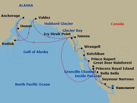 18 Night - Great Bear Rainforest and Alaska Explorer - Zaandam - Starting in Vancouver, BC, CA, Transit the Seymour Narrows, Scenic Cruising the Inside Passage, Scenic cruising Princess Royal Island, Scenic cruising Grenville Channel, Scenic cruising Great Bear Rainforest, Juneau, Alaska, Cruising Hubbard Glacier, Valdez, Alaska, Kodiak, Alaska, Homer, Alaska, Anchorage, Alaska, Icy Strait Point, Alaska, Glacier Bay, Wrangell, Alaska, Ketchikan, Alaska, Prince Rupert, British Columbia, Canada, Scenic cruising Bella Bella, Scenic Cruising the Inside Passage, Vancouver, BC, CA itinerary map