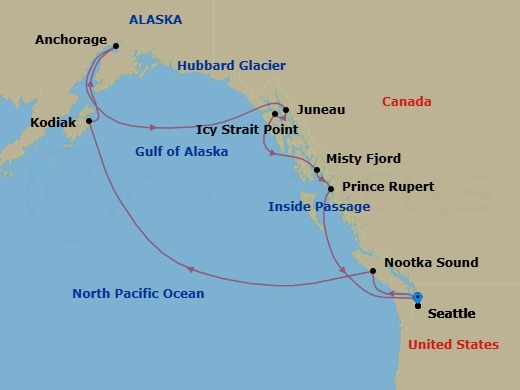 14 Night - Great Alaska Explorer - Noordam - Starting in Seattle, Washington, Scenic cruising Nootka Sound, Kodiak, Alaska, Anchorage, Alaska, Cruising Hubbard Glacier, Juneau, Alaska, Icy Strait Point, Alaska, Misty Fiords, Prince Rupert, British Columbia, Canada, Seattle, Washington itinerary map