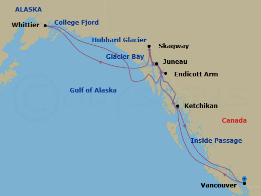 14 Night - Alaska Glacier Discovery Collectors' Voyage - Eurodam - Starting in Vancouver, BC, CA, Scenic Cruising the Inside Passage, Ketchikan, Alaska, Juneau, Alaska, Skagway, Alaska, Glacier Bay, College Fjord, Whittier, Alaska, Cruising Hubbard Glacier, Scenic cruising Endicott Arm / Dawes Glacier, Skagway, Alaska, Juneau, Alaska, Ketchikan, Alaska, Scenic Cruising the Inside Passage, Vancouver, BC, CA itinerary map