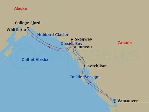 14 Night - Alaska Glacier Discovery Collectors' Voyage - Oosterdam - Starting in Vancouver, BC, CA, Scenic Cruising the Inside Passage, Ketchikan, Alaska, Juneau, Alaska, Skagway, Alaska, Glacier Bay, College Fjord, Whittier, Alaska, Cruising Hubbard Glacier, Glacier Bay, Skagway, Alaska, Juneau, Alaska, Ketchikan, Alaska, Scenic Cruising the Inside Passage, Vancouver, BC, CA itinerary map